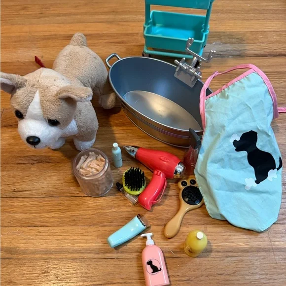 Our Generation Pet Care Set with Tan Dog and Blue Accessories - Picture 1 of 3